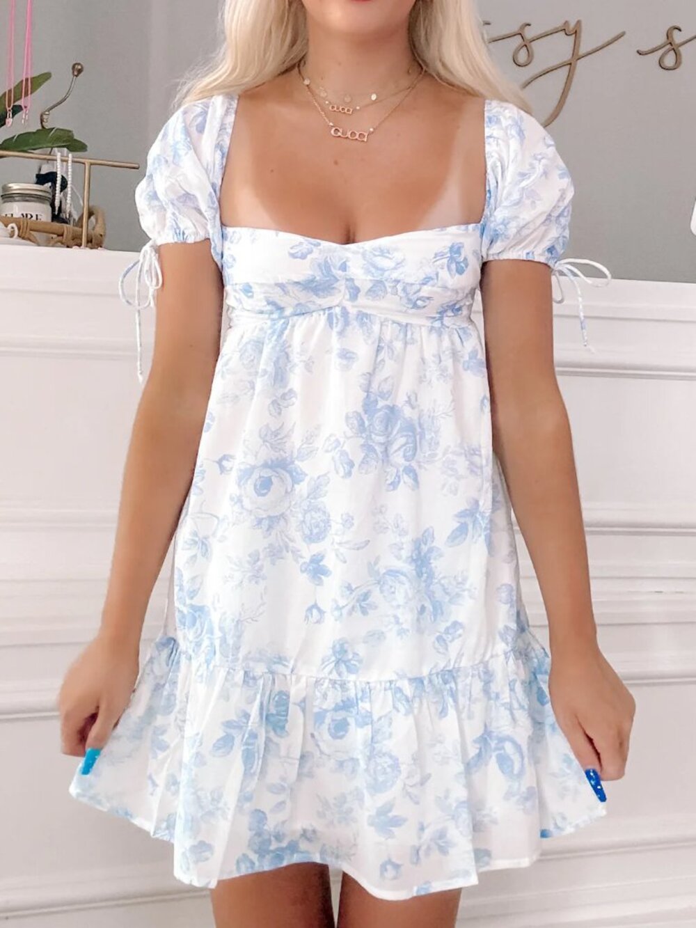 Sky to Moon Ruffled Toile Mini Dress in Blue
